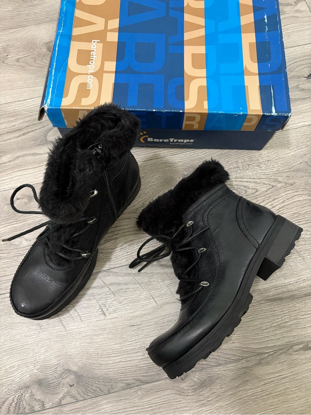BareTraps Black Faux-Fur Lace-Up Ankle Boots